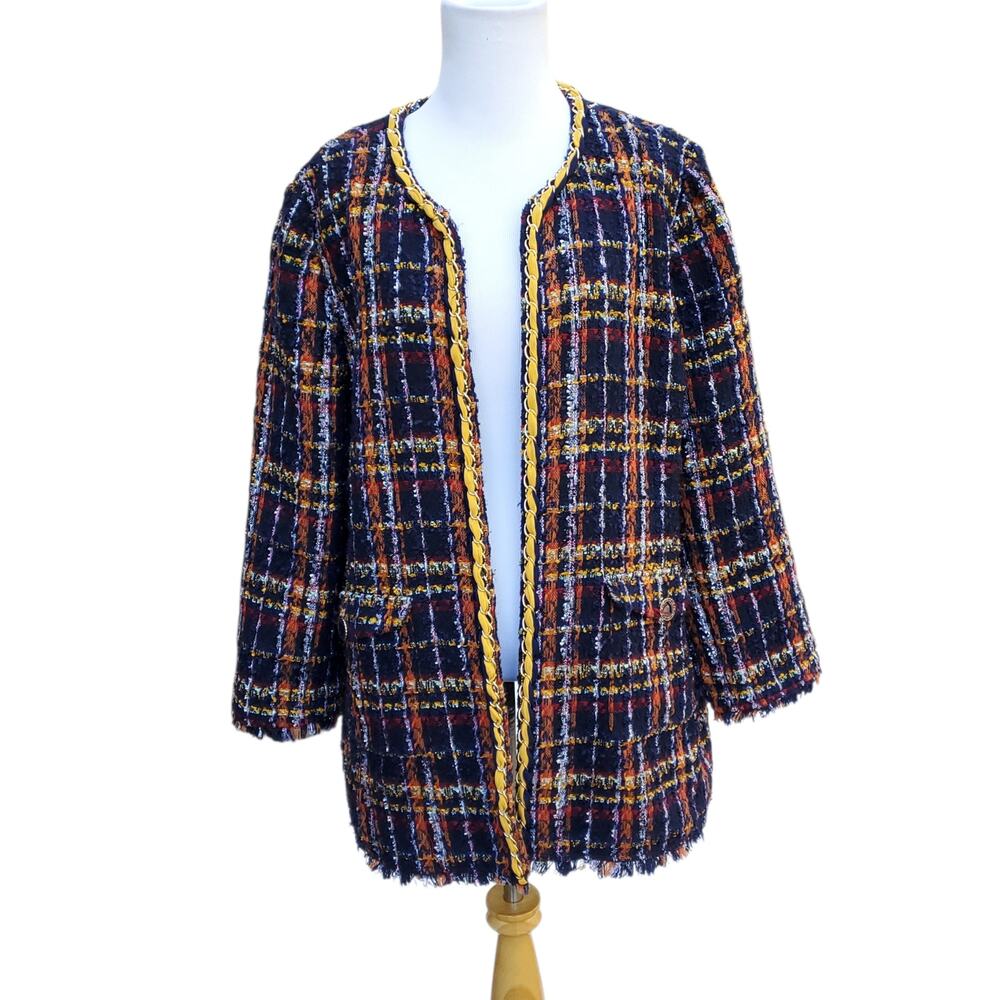 Chico's 3P Blue Plaid Boucle Tweed Jacket Open Chain Link Fringe Chicos XLP 16P